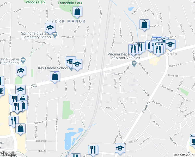 map of restaurants, bars, coffee shops, grocery stores, and more near 6365 Racetec Place in Springfield
