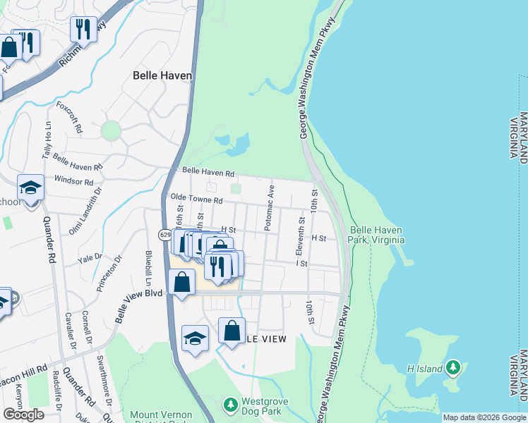 map of restaurants, bars, coffee shops, grocery stores, and more near 6402 Potomac Avenue in Alexandria