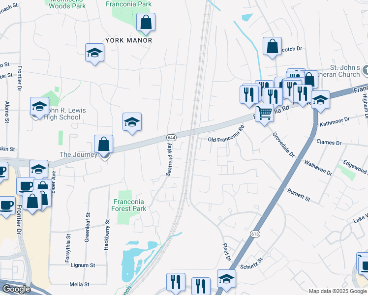 map of restaurants, bars, coffee shops, grocery stores, and more near 6365 Racetec Place in Springfield