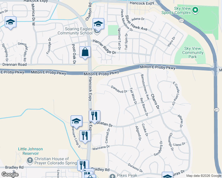 map of restaurants, bars, coffee shops, grocery stores, and more near 4866 Daredevil Drive in Colorado Springs