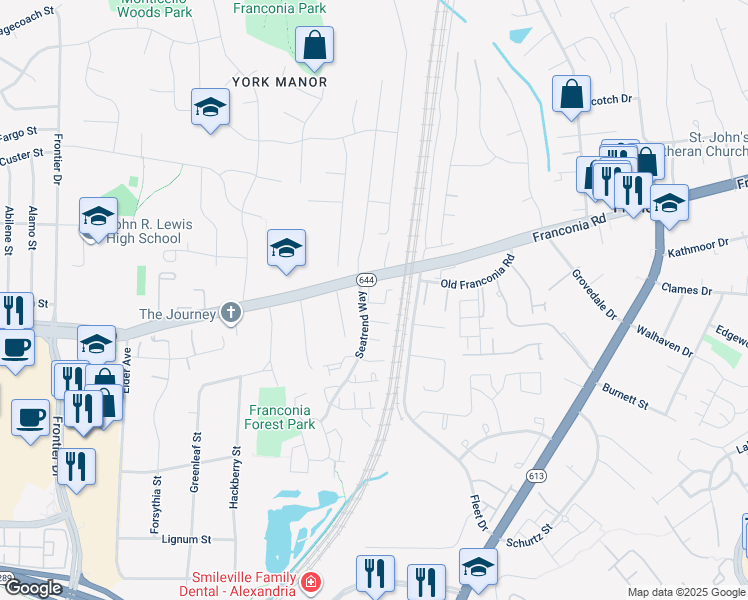 map of restaurants, bars, coffee shops, grocery stores, and more near 6419 Racetec Court in Springfield