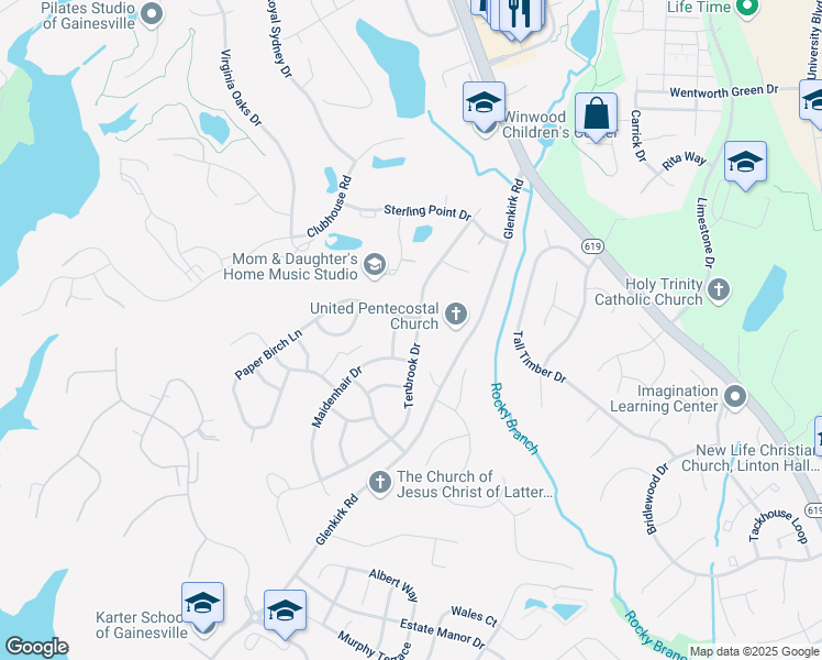 map of restaurants, bars, coffee shops, grocery stores, and more near 8196 Tenbrook Drive in Gainesville