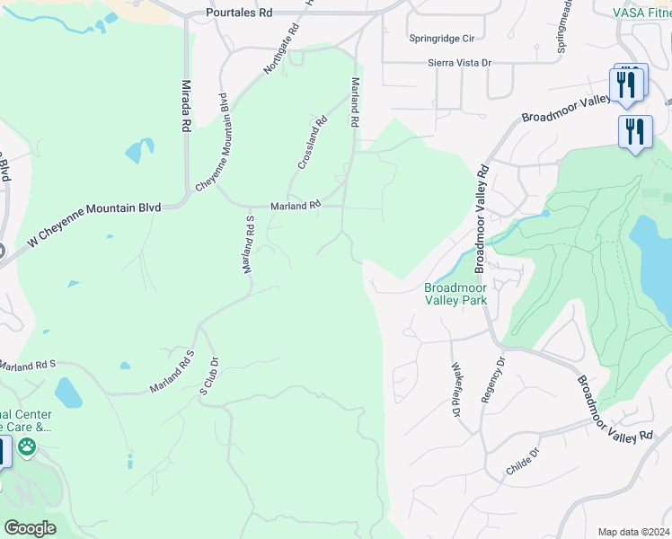map of restaurants, bars, coffee shops, grocery stores, and more near 52 Marland Road in Colorado Springs