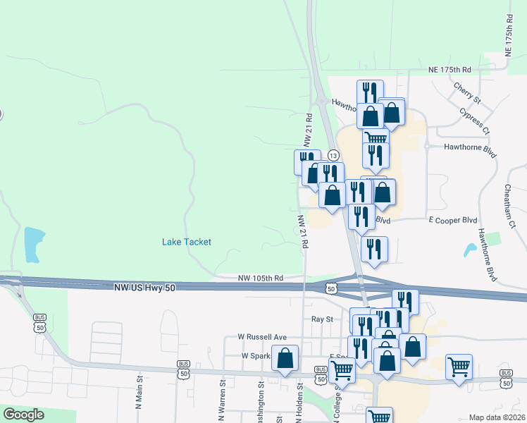 map of restaurants, bars, coffee shops, grocery stores, and more near 116 Northwest 21 in Warrensburg