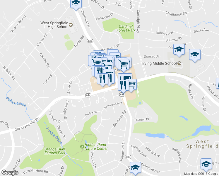 map of restaurants, bars, coffee shops, grocery stores, and more near 8408 Old Keene Mill Rd in Springfield