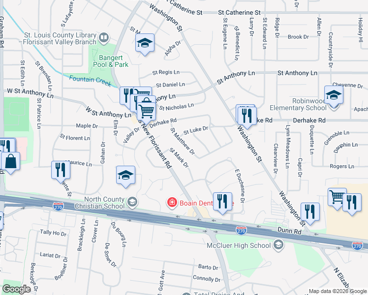map of restaurants, bars, coffee shops, grocery stores, and more near 1135 Saint Matthew Drive in Florissant