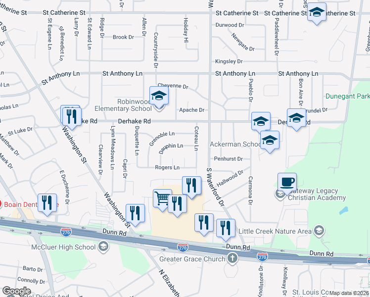 map of restaurants, bars, coffee shops, grocery stores, and more near 1060 Dauphin Lane in Florissant
