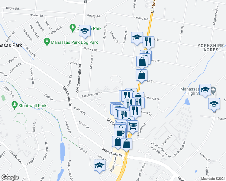 map of restaurants, bars, coffee shops, grocery stores, and more near 8100 Peakwood Court in Manassas