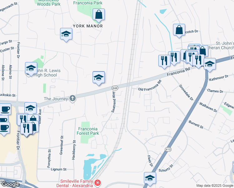 map of restaurants, bars, coffee shops, grocery stores, and more near 6419 Racetec Court in Springfield