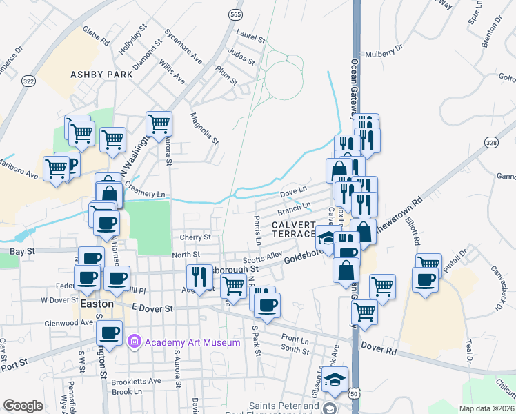 map of restaurants, bars, coffee shops, grocery stores, and more near 629 Lomax Street in Easton