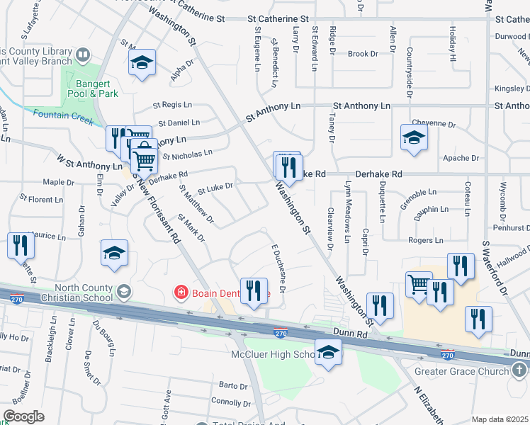 map of restaurants, bars, coffee shops, grocery stores, and more near 285 Saint Richard Drive in Florissant