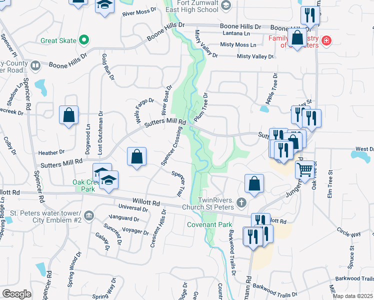 map of restaurants, bars, coffee shops, grocery stores, and more near 14 Northstar Court in St. Peters