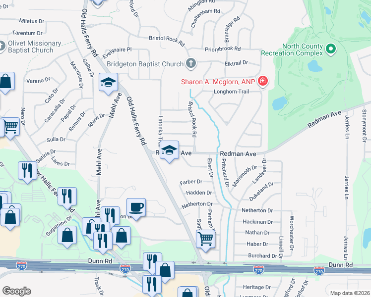 map of restaurants, bars, coffee shops, grocery stores, and more near 4915 Lockwig Trail in Florissant