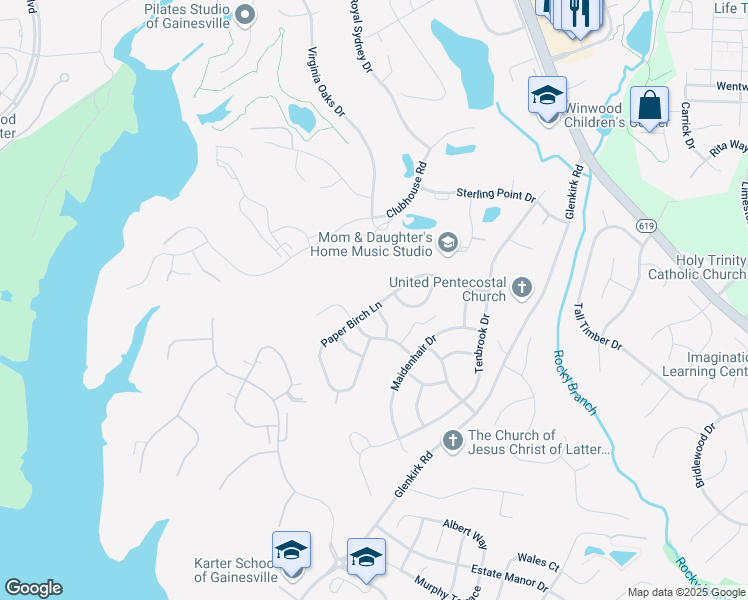 map of restaurants, bars, coffee shops, grocery stores, and more near 12084 Paper Birch Lane in Gainesville