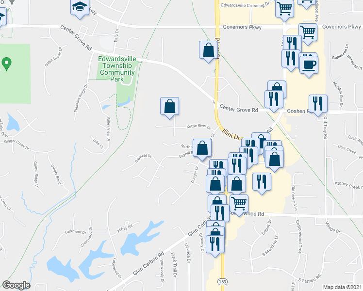 map of restaurants, bars, coffee shops, grocery stores, and more near 136 Northbay Court in Glen Carbon