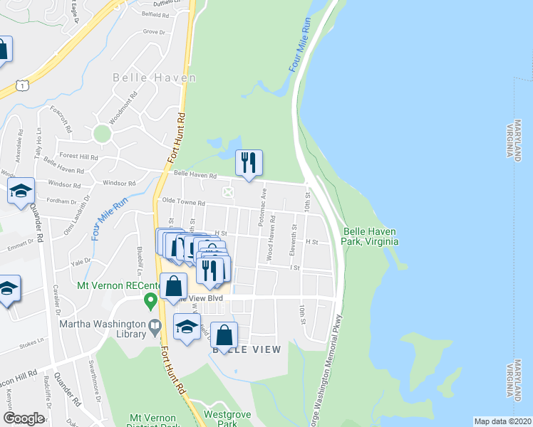 map of restaurants, bars, coffee shops, grocery stores, and more near 6401 Potomac Avenue in Alexandria