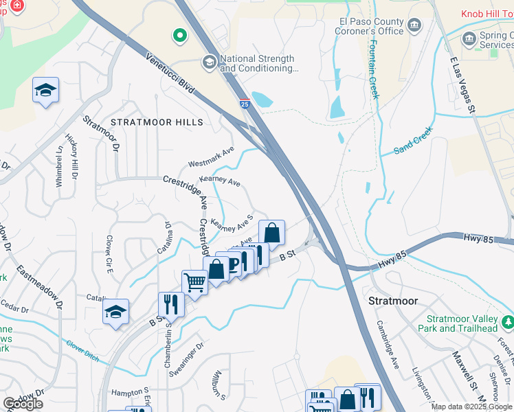 map of restaurants, bars, coffee shops, grocery stores, and more near 520 Kearney Avenue in Colorado Springs
