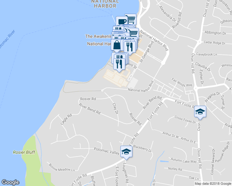 map of restaurants, bars, coffee shops, grocery stores, and more near 525 Rosier Road in Fort Washington