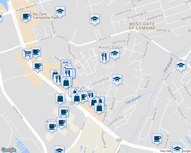 map of restaurants, bars, coffee shops, grocery stores, and more near 7893 Meadow Court in Manassas