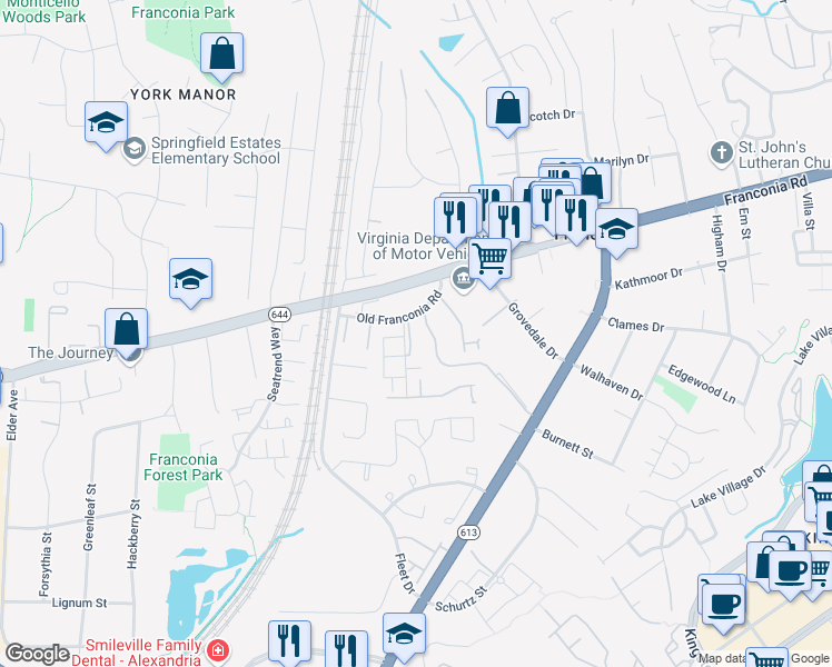 map of restaurants, bars, coffee shops, grocery stores, and more near 6411 Little Potters Lane in Alexandria