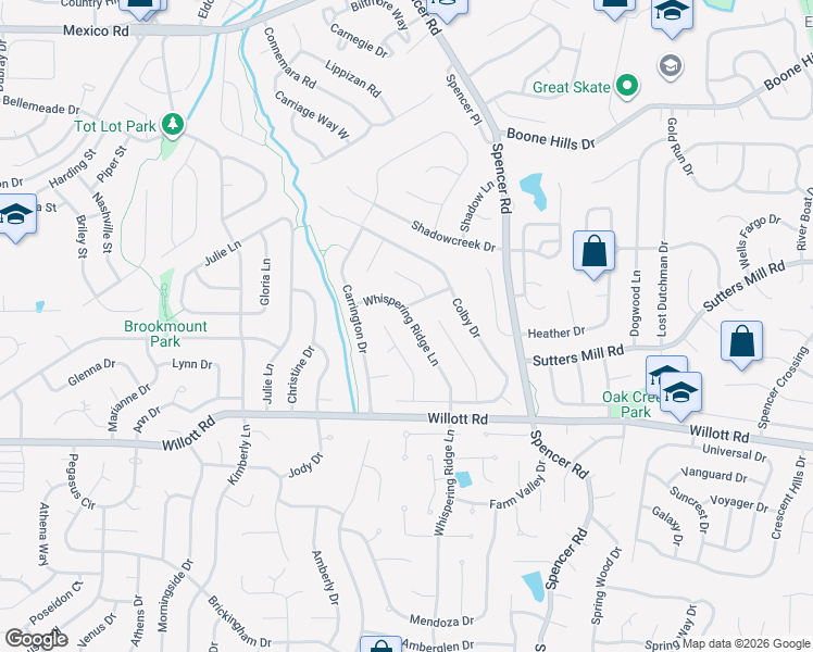 map of restaurants, bars, coffee shops, grocery stores, and more near 965 Whispering Ridge Lane in St. Peters