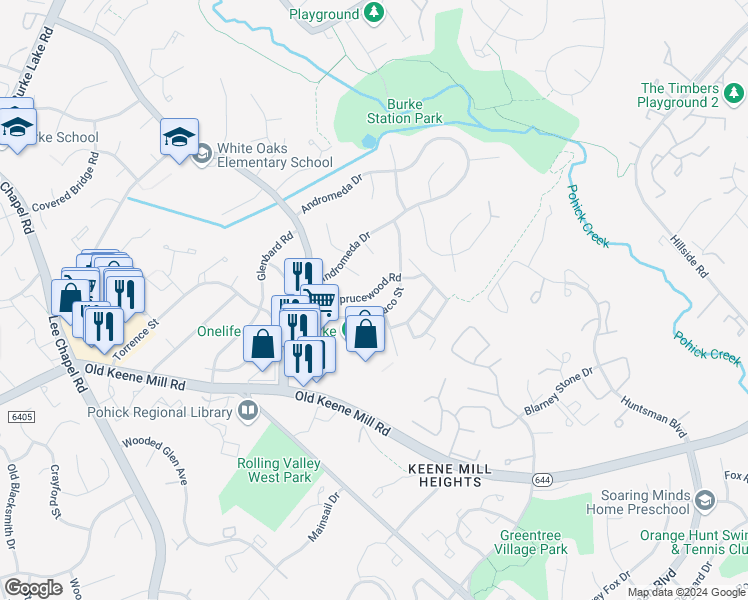 map of restaurants, bars, coffee shops, grocery stores, and more near 6320 Draco Street in Burke