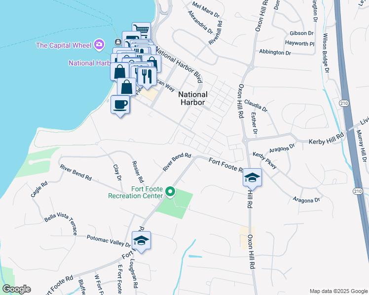 map of restaurants, bars, coffee shops, grocery stores, and more near 513 Overlook Park Drive in Oxon Hill