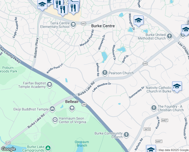 map of restaurants, bars, coffee shops, grocery stores, and more near 6312 Belleair Road in Burke