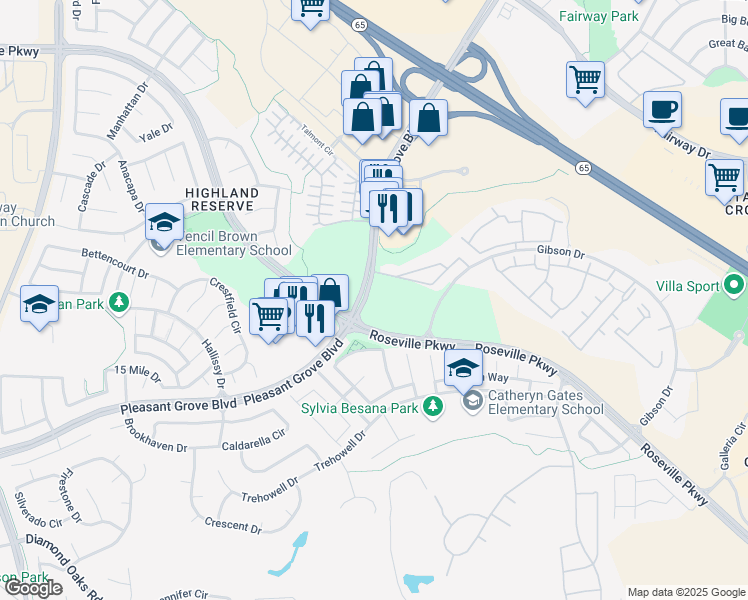 map of restaurants, bars, coffee shops, grocery stores, and more near 973 Pleasant Grove Boulevard in Roseville