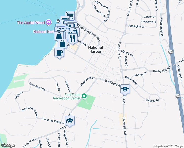 map of restaurants, bars, coffee shops, grocery stores, and more near 521 Overlook Park Drive in Oxon Hill