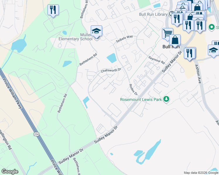 map of restaurants, bars, coffee shops, grocery stores, and more near 11193 Rienzi Place in Manassas