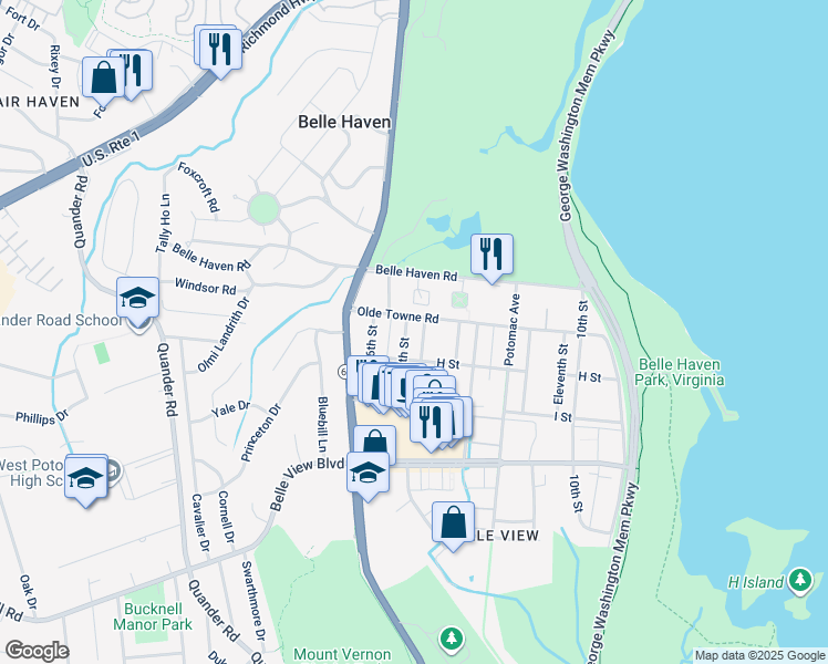 map of restaurants, bars, coffee shops, grocery stores, and more near 6403 15th Street in Alexandria