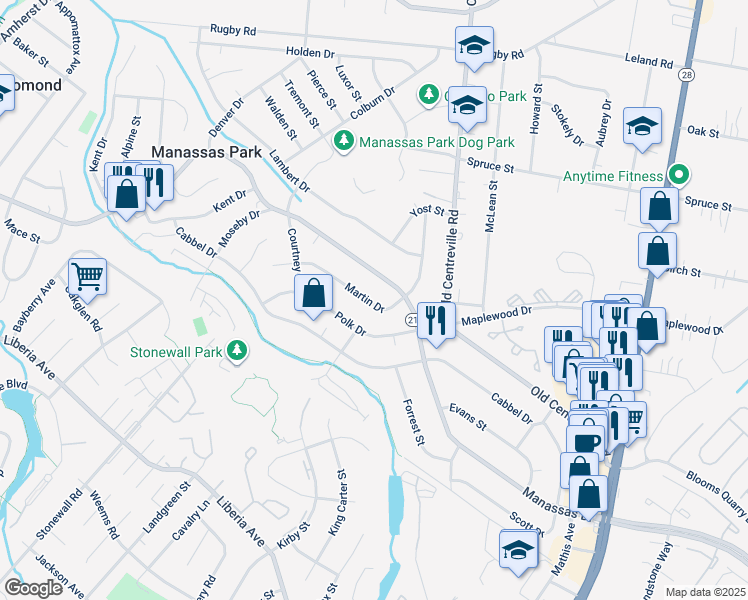 map of restaurants, bars, coffee shops, grocery stores, and more near 142 Martin Drive in Manassas Park