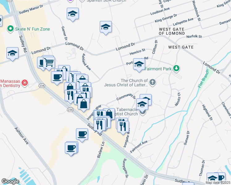 map of restaurants, bars, coffee shops, grocery stores, and more near 7893 Meadow Court in Manassas