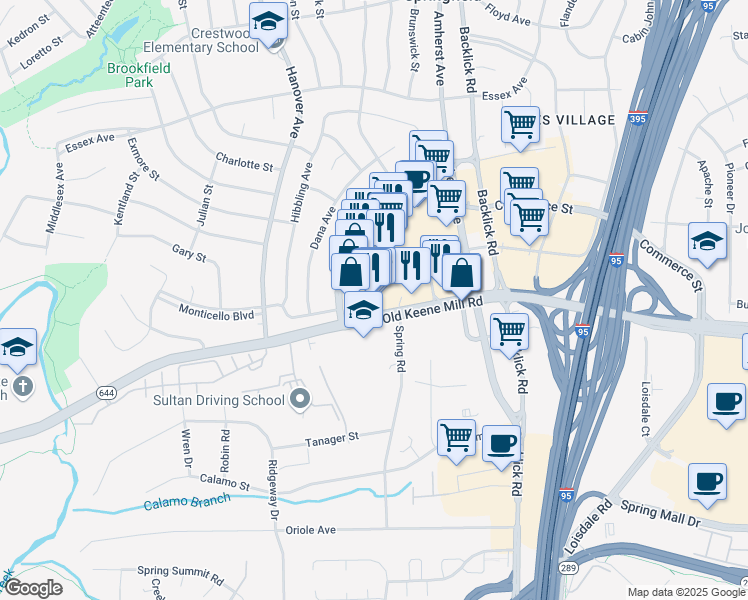map of restaurants, bars, coffee shops, grocery stores, and more near 7206 Old Keene Mill Road in Springfield