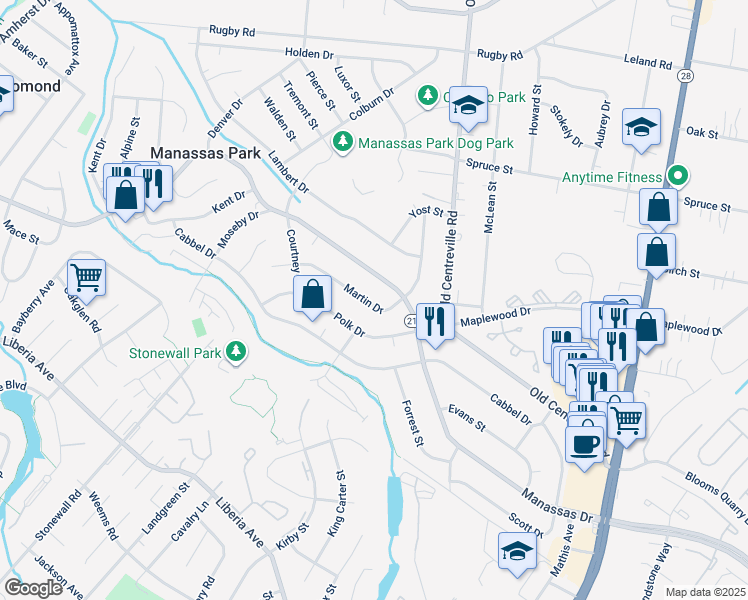 map of restaurants, bars, coffee shops, grocery stores, and more near 142 Martin Drive in Manassas Park