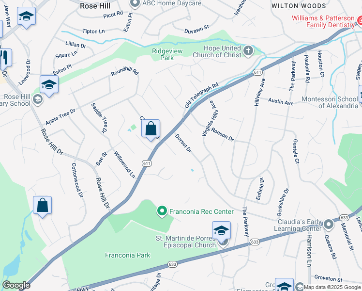 map of restaurants, bars, coffee shops, grocery stores, and more near 6326 Dorset Drive in Alexandria