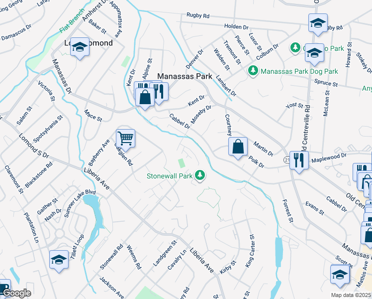 map of restaurants, bars, coffee shops, grocery stores, and more near 319 Moseby Court in Manassas Park