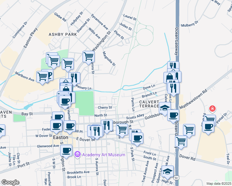 map of restaurants, bars, coffee shops, grocery stores, and more near 204 Pennsylvania Avenue in Easton
