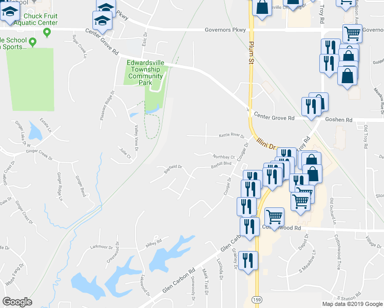 map of restaurants, bars, coffee shops, grocery stores, and more near 184 Northbay Court in Glen Carbon