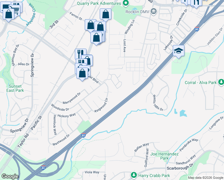 map of restaurants, bars, coffee shops, grocery stores, and more near 5935 Kingwood Circle in Rocklin