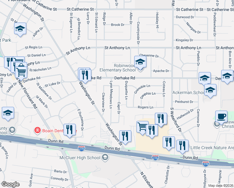 map of restaurants, bars, coffee shops, grocery stores, and more near 195 Capri Drive in Florissant