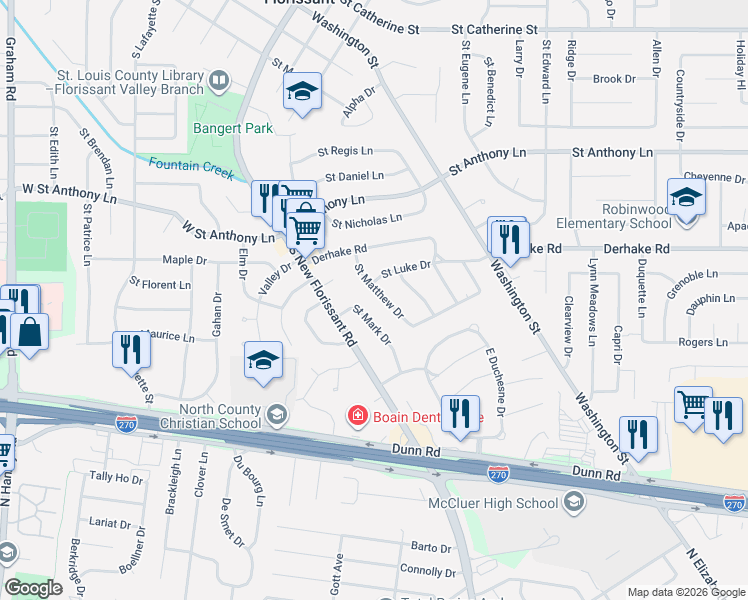 map of restaurants, bars, coffee shops, grocery stores, and more near 1135 Saint Matthew Drive in Florissant