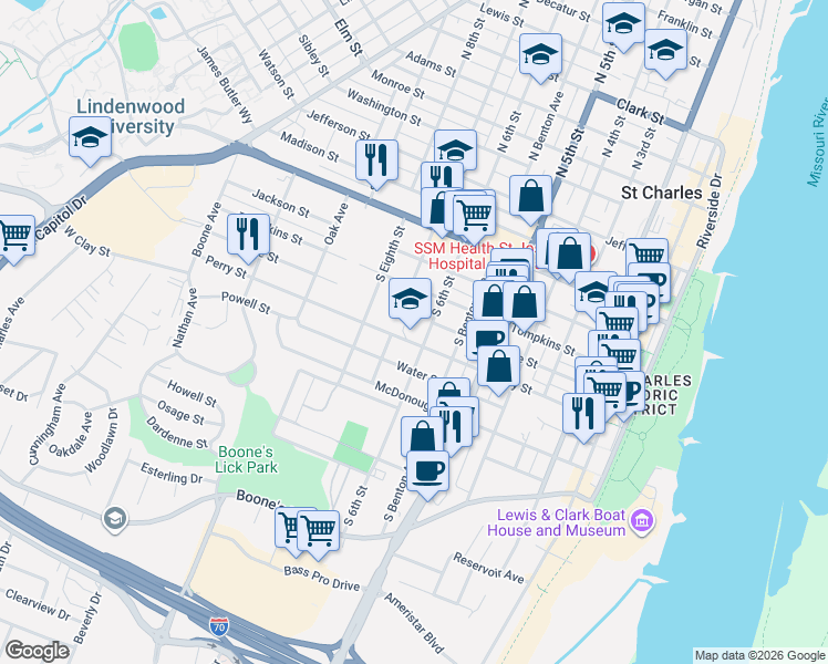 map of restaurants, bars, coffee shops, grocery stores, and more near 525 South 6th Street in Saint Charles