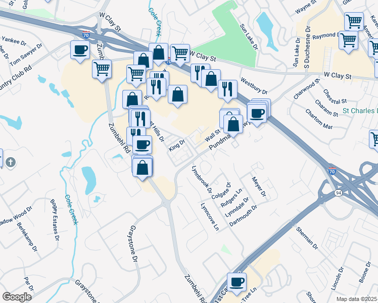 map of restaurants, bars, coffee shops, grocery stores, and more near 1550 Wall Street in Saint Charles