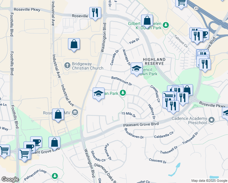 map of restaurants, bars, coffee shops, grocery stores, and more near 264 Wildflower Drive in Roseville