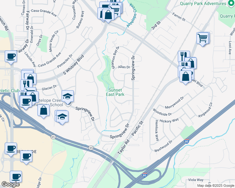 map of restaurants, bars, coffee shops, grocery stores, and more near 5956 Willowynd Drive in Rocklin