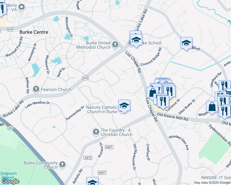 map of restaurants, bars, coffee shops, grocery stores, and more near 6327 Wilmington Drive in Burke