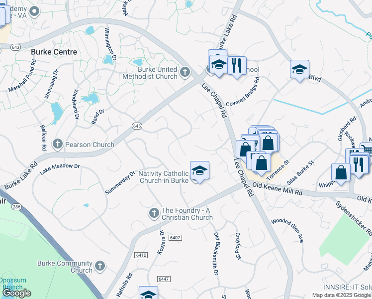 map of restaurants, bars, coffee shops, grocery stores, and more near 6327 Wilmington Drive in Burke