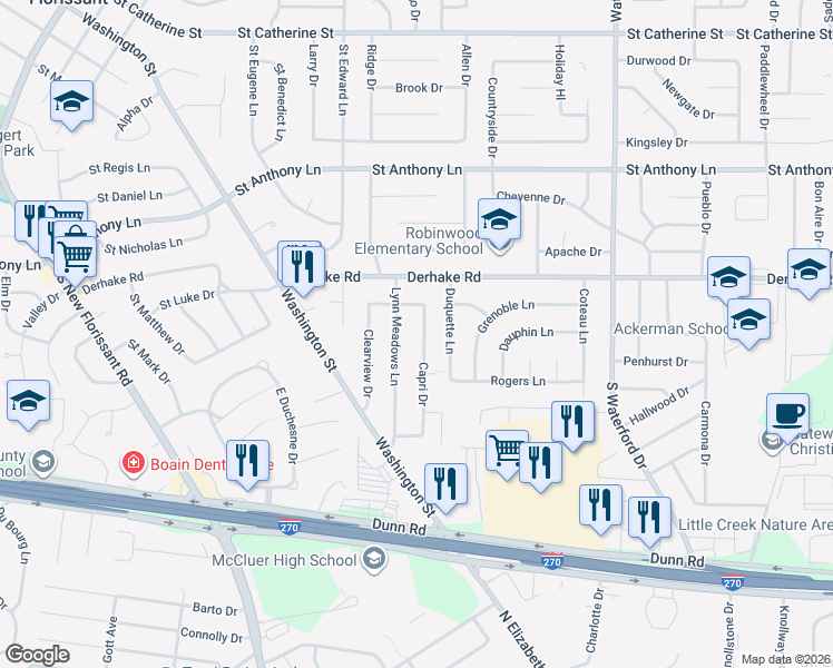 map of restaurants, bars, coffee shops, grocery stores, and more near 175 Capri Drive in Florissant